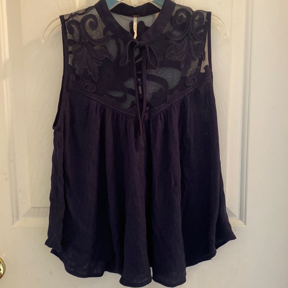 Free People Navy Filigree Blouse